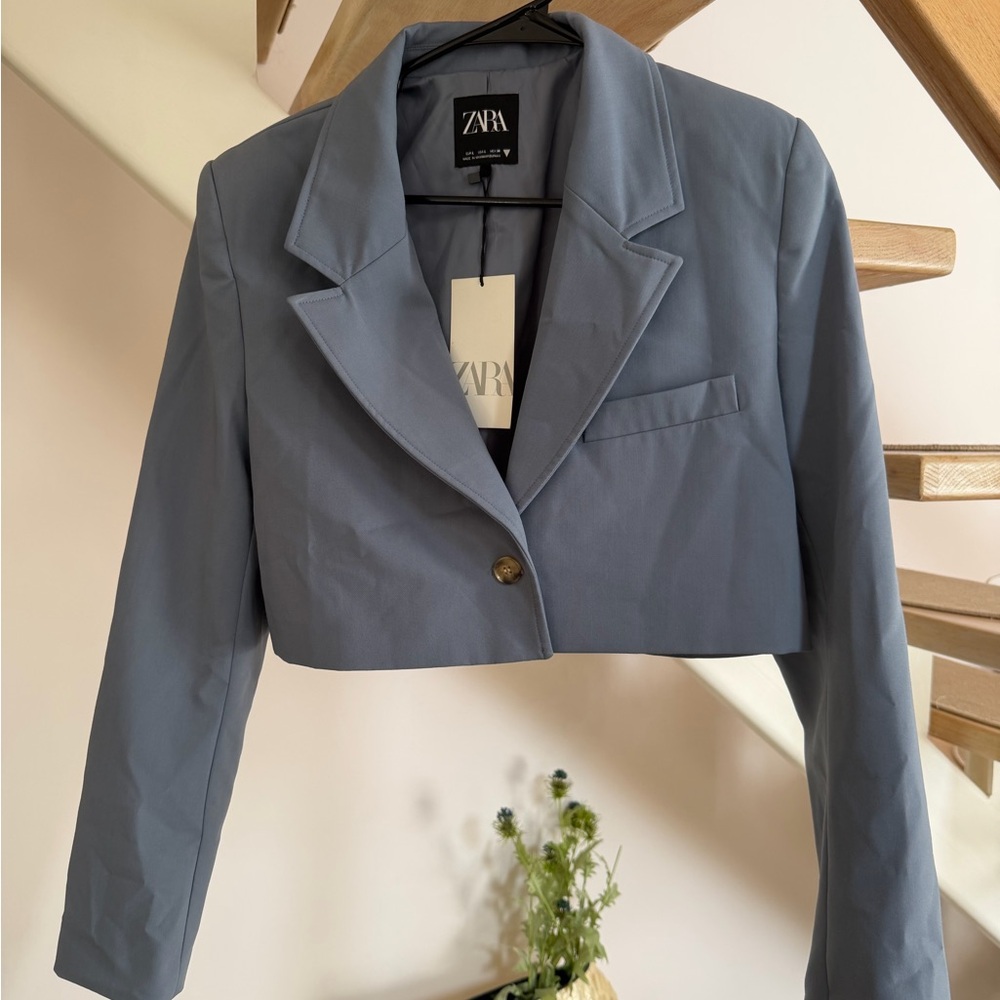 Zara Women's Blue Cropped Jacket with matching skirt